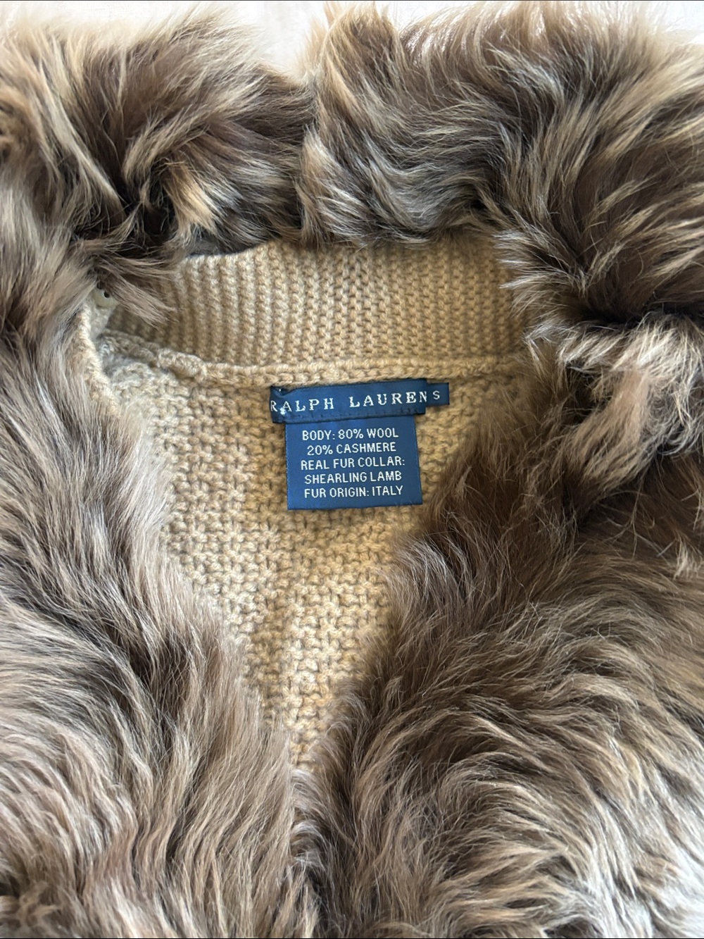 Ralph Lauren Blue Label Tan Knit Sleeveless Cardigan w/ Shearling Shawl - Picture 3 of 9